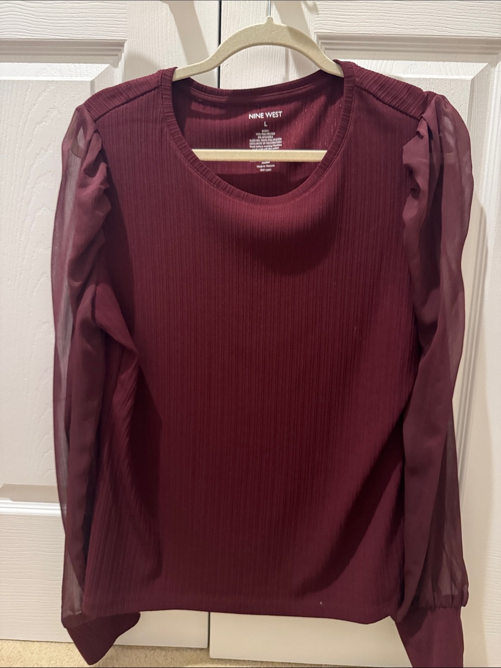 Nine West Burgundy Long-Sleeve Ribbed Top with Sheer Sleeves